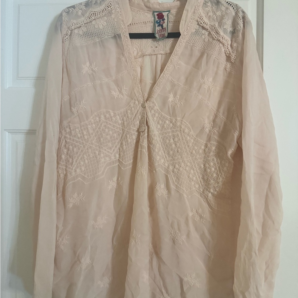 Johnny Was Pale Pink Embroidered Top